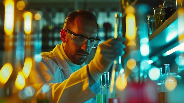 AI generated Scientist Conducts Experiment with Pipette in Colorful Laboratory Setting photo