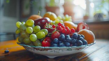 ai generado vibrante Fruta plato en de madera mesa capturado en de cerca enfatizando color y textura foto