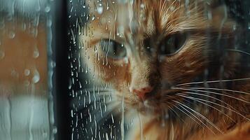 AI generated Curious Cat Gazes Through Window Bathed in Soft Light Whiskers and Condensation Captured Through Macro Lens photo