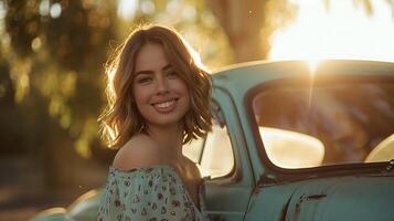ai generado mujer se inclina en contra Clásico coche sonriente en medio de suave luz de sol mediante arboles foto