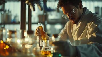 AI generated Scientist Conducts Precise Experiment in Laboratory Setting Pouring Liquid into Beaker with Careful Attention photo