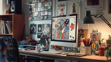 AI generated Designers Desk Graphic Design Resources and Creative Tools Bathed in Soft Natural Light photo