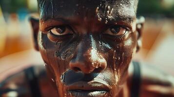 AI generated Intense Closeup Basketball Players Focus on Free Throw Sweating Under Intense Natural Lighting photo