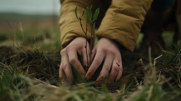 ai generado mujer plantando árbol joven en césped enfocado en manos y recién plantado árbol capturado con macro lente foto