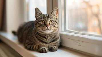 ai generado curioso atigrado gato toma el sol en suave ligero en antepecho capturado con 50 mm lente enfatizando perforación ojos foto