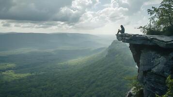 ai generado viajero contempla vasto montaña paisaje abrazando preguntarse y aventuras foto