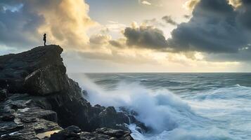 AI generated Resilient Figure Faces Storm on Rocky Cliff with Unwavering Strength and Determination photo