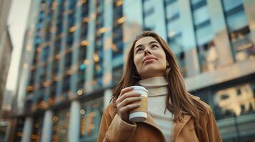 AI generated Urban Woman Enjoys Coffee Break Gazes in Awe at Modern Architecture photo