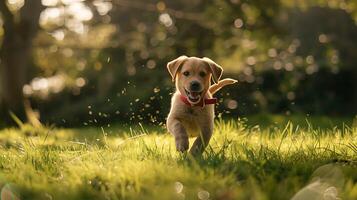 ai generado juguetón perrito juegos en lozano prado con moteado luz de sol foto