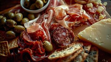 ai generado Exquisito charcutería tablero clasificado quesos carnes frutas y nueces en contra rústico fondo bañado en suave natural ligero foto