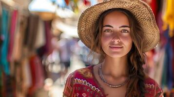 ai generado vibrante marroquí mercado mujer en Paja sombrero abraza el zumbido enmarcado por amplio ángulo lente exudando sentido de aventuras foto