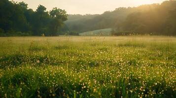 AI generated Serene Sunrise Dewy Meadow Bathed in Soft Natural Light photo