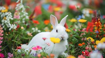 ai generado mullido conejito miradas en medio de vistoso flores en de cerca foto