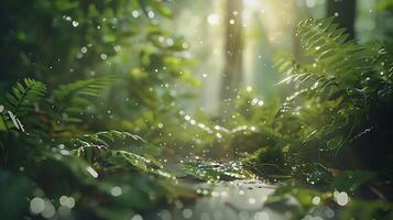 AI generated Sunlight Filters Through Lush Green Forest Casting Dappled Patterns photo