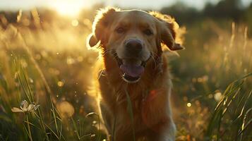 AI generated Sunset Silhouette Golden Retriever in Motion Through Tall Field Bathed in Warm Soft Light photo