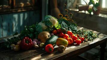 ai generado vibrante frutas y vegetales formación en rústico de madera mesa bañado en suave natural ligero foto