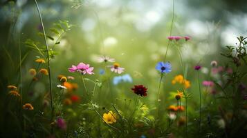 AI generated Vibrant Macro Shot Wildflowers in Lush Field Soft Natural Light Filtering Through Foliage photo