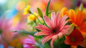 AI generated Vibrant Bouquet in Rustic Wooden Vase against Soft Background Captured in CloseUp with 50mm Lens photo