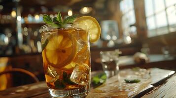 ai generado refrescante con hielo té bebida con limón y menta capturado en suave natural ligero foto