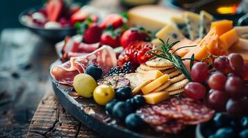 AI generated Assorted Meats Cheeses and Fruits Adorn Rustic Table Bathed in Soft Natural Light photo