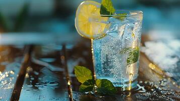AI generated Iced Lemonade Delight Refreshing Macro Shot Captures Condensation and Lemon Slice in Softly Blurred Dreamy Background photo