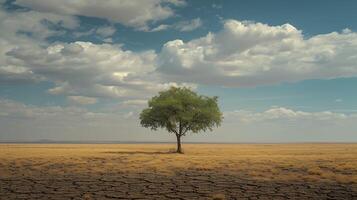 AI generated Resilient Tree Endures Barren Desert Seeking Nourishment Amid Harsh Sun With Renewal on the Horizon photo