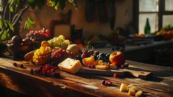 AI generated Colorful Fruits and Cheeses Illuminated by Soft Natural Light Captured with Macro Lens photo