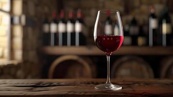 AI generated A Glass of Red Wine Glistens in Soft Natural Light on Rustic Table Capturing Warm Tones photo