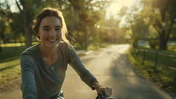 AI generated Young Woman Smiles Amid Fluffy Clouds Captured in CloseUp 50mm Shot photo