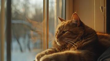 ai generado Doméstico gato descansando en calentar ventana ligero mirando perezosamente mediante 50 mm lente foto