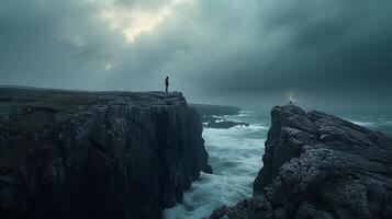 AI generated Alone at Cliffs Edge Gazing at Turbulent Ocean Amidst Storm Clouds A Beacon of Hope Shines in Distance photo