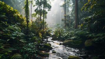 ai generado lozano tropical selva alto arboles vistoso follaje y fluido corriente capturado en amplio 24mm Disparo foto