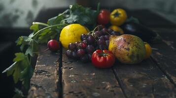 AI generated Vibrant Fresh Produce Arranged on Wooden Table Bathed in Soft Natural Light Captured with Macro Lens photo