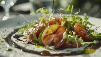 AI generated Rustic Salad Plated Artfully on Wooden Table Illuminated by Soft Natural Light photo