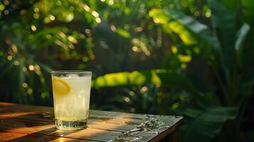 AI generated Refreshing Lemonade Macro Condensation Droplets and Lemon Slice in Dreamy Background photo