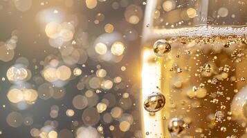 AI generated Golden Bubbles Champagne Glass CloseUp with Soft Sunlight and Macro Focus photo