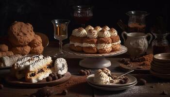 AI generated Homemade chocolate cookies on rustic wood table, a sweet indulgence generated by AI photo