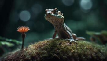 ai generado un pequeño verde lagartija en un rama en el bosque generado por ai foto