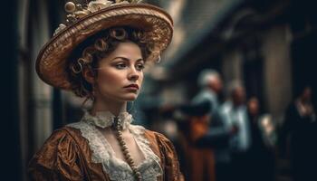 ai generado joven mujer en tradicional ropa, mirando a cámara con elegancia generado por ai foto