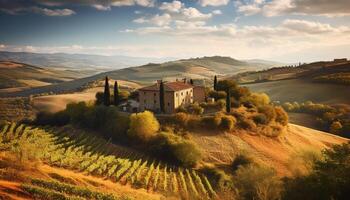 ai generado idílico puesta de sol terminado chianti viñedo, rústico casa de Campo en tranquilo paisaje generado por ai foto