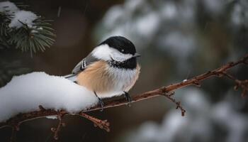 ai generado un linda teta encaramado en un rama en el invierno generado por ai foto