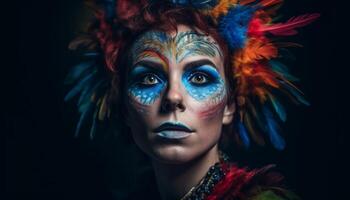 AI generated A beautiful woman with colorful feathers, looking at the camera generated by AI photo