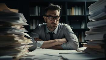 AI generated A tired businessman working late, looking worried, surrounded by paperwork generated by AI photo