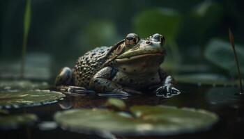 AI generated Cute toad sitting on wet leaf, watching nature beauty generated by AI photo