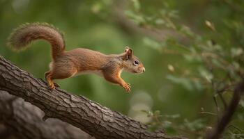 AI generated Cute rodent peeking from tree, balancing on branch, staring curiously generated by AI photo