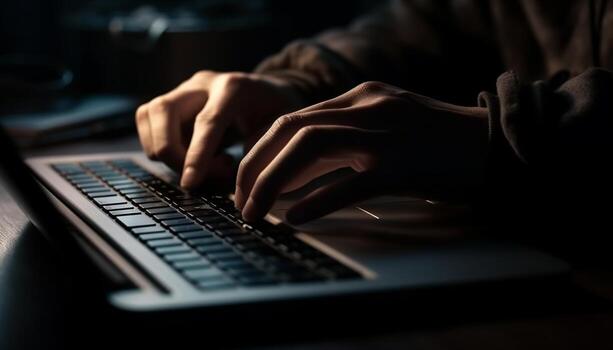 AI generated A busy programmer typing on laptop, communicating through internet generated by AI photo