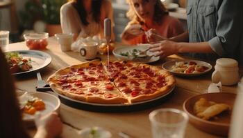 ai generado grupo de personas disfrutando hecho en casa Pizza a un social reunión generado por ai foto