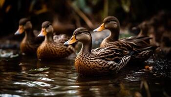 AI generated Duck family enjoys the beauty of nature near the pond generated by AI photo