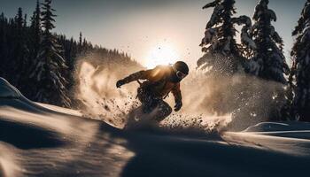 AI generated Men snowboarding in winter, spraying powder snow, experiencing extreme excitement generated by AI photo