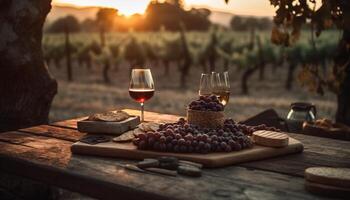 ai generado un rústico picnic en naturaleza vino, alimento, y relajación generado por ai foto